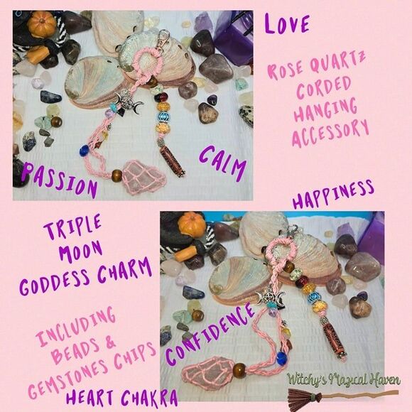 Rose Quartz Crystal Triple Moon Goddess Hanging Accessory - Picture 3 of 5